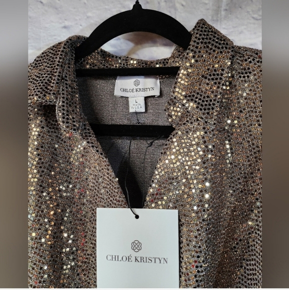 NWT $680 Chloe Kristyn 2 Pieces Sequin Gold Pants and Button Down Blouse Size L - Picture 13 of 14